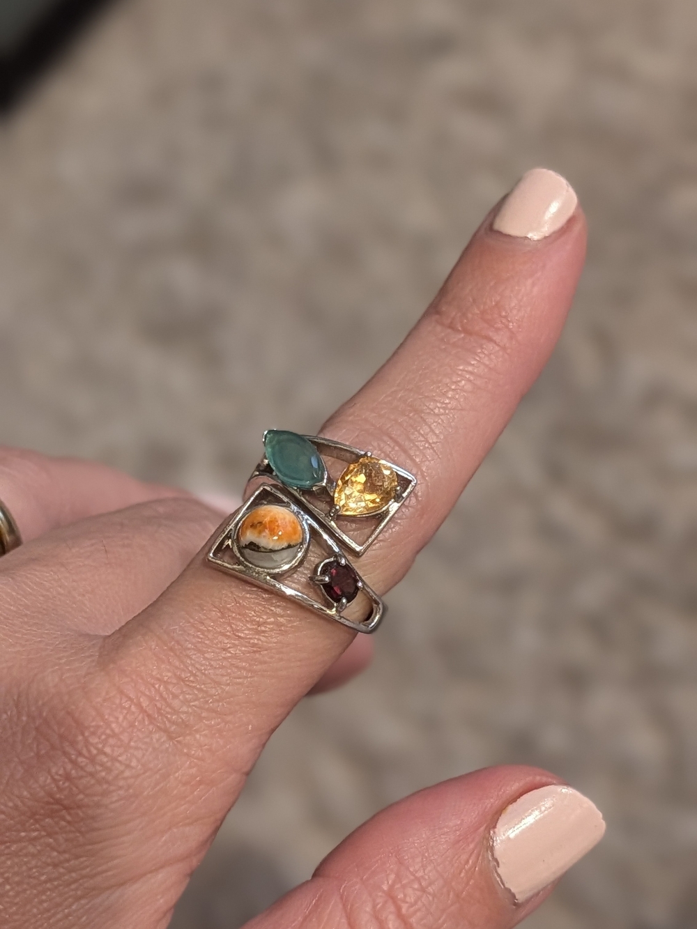 Multistone Sterling Silver Open Ring with Green, Yellow and Orange Stones